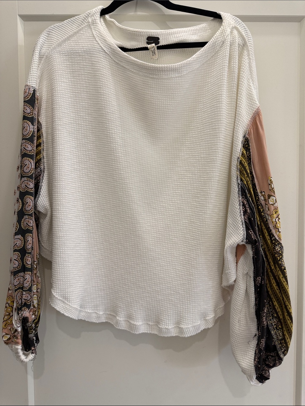 Free People Boho Waffle Knit White Top with Printed Patchwork Sleeves